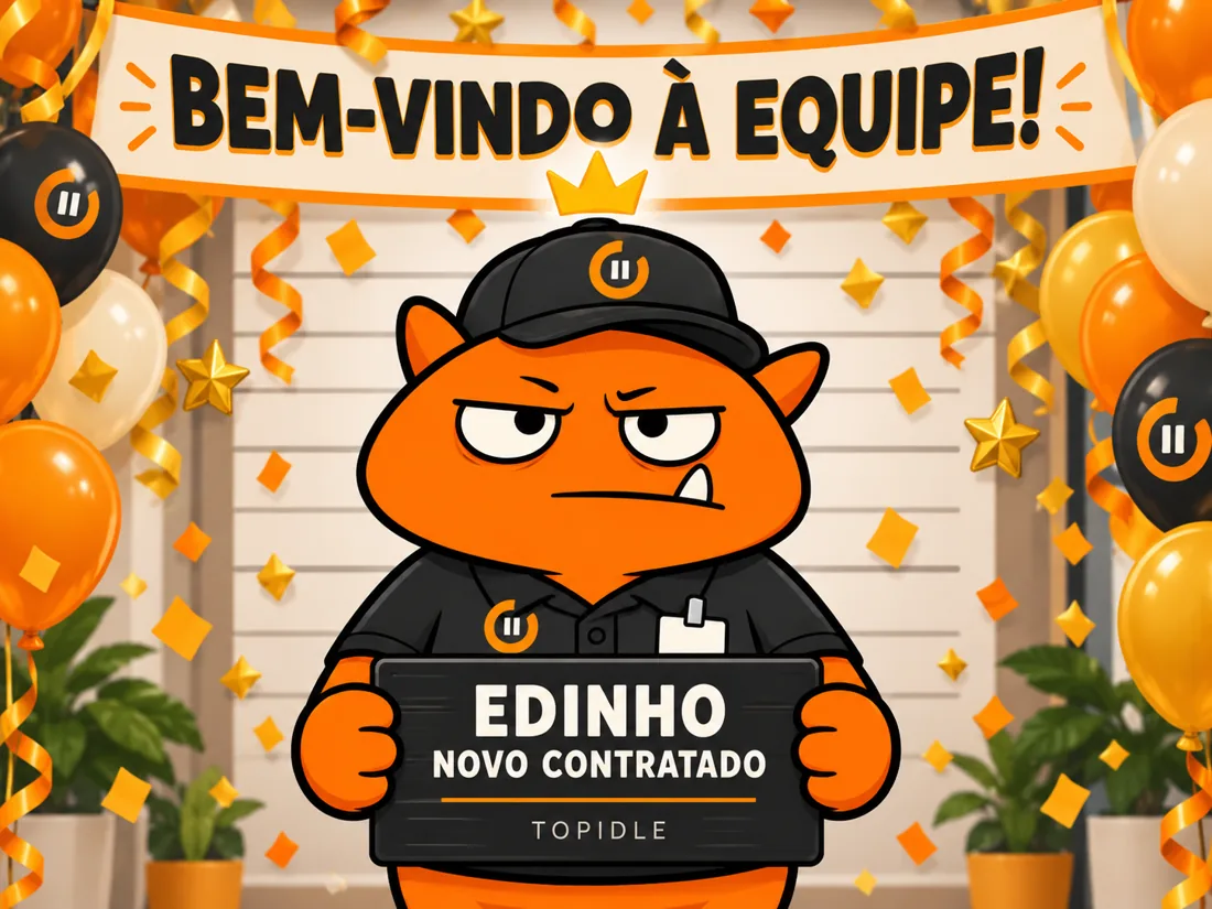 Edinho segurando a placa Novo contratado, embaixo da faixa Bem-vindo à equipe