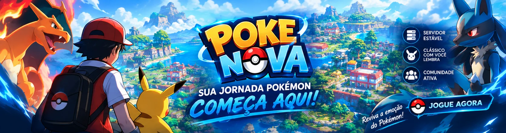 Banner de PokeNova | RMT Liberado | Shiny evolui gratis | PvP Rankeado